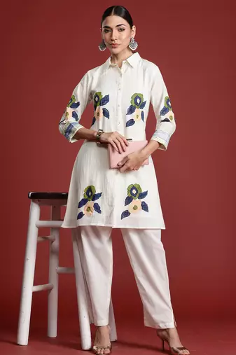 Off white printed pure cotton kurta trouser set