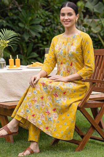 Yellow printed pure cotton kurta trouser set