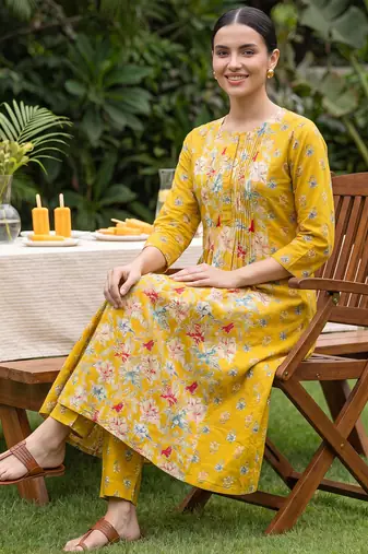 Yellow printed pure cotton kurta trouser set