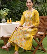 Yellow printed pure cotton kurta trouser set