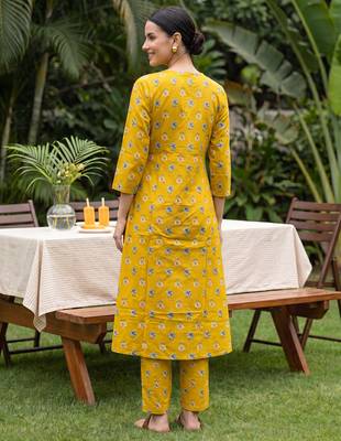 Yellow printed pure cotton kurta trouser set 2