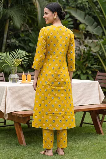 Yellow printed pure cotton kurta trouser set