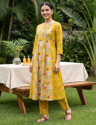 Yellow printed pure cotton kurta trouser set 3