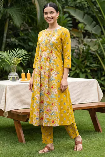 Yellow printed pure cotton kurta trouser set