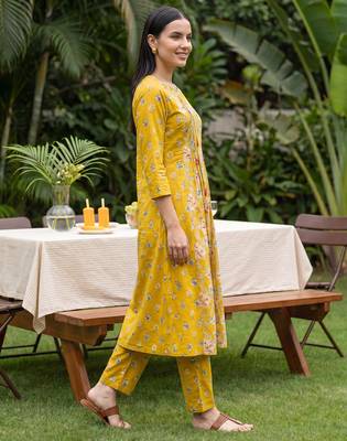 Yellow printed pure cotton kurta trouser set 4