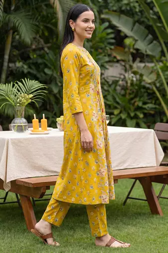 Yellow printed pure cotton kurta trouser set