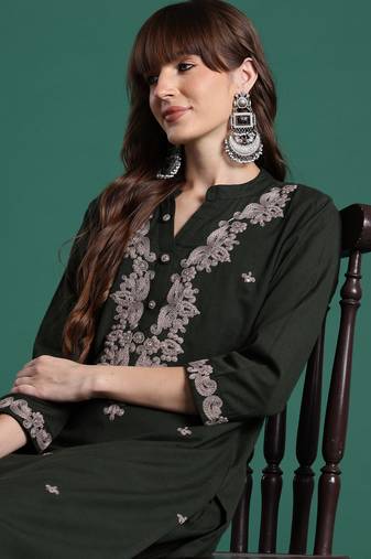 Green embroidered pure cotton kurta trouser set