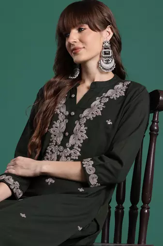Green embroidered pure cotton kurta trouser set