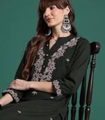 Green embroidered pure cotton kurta trouser set