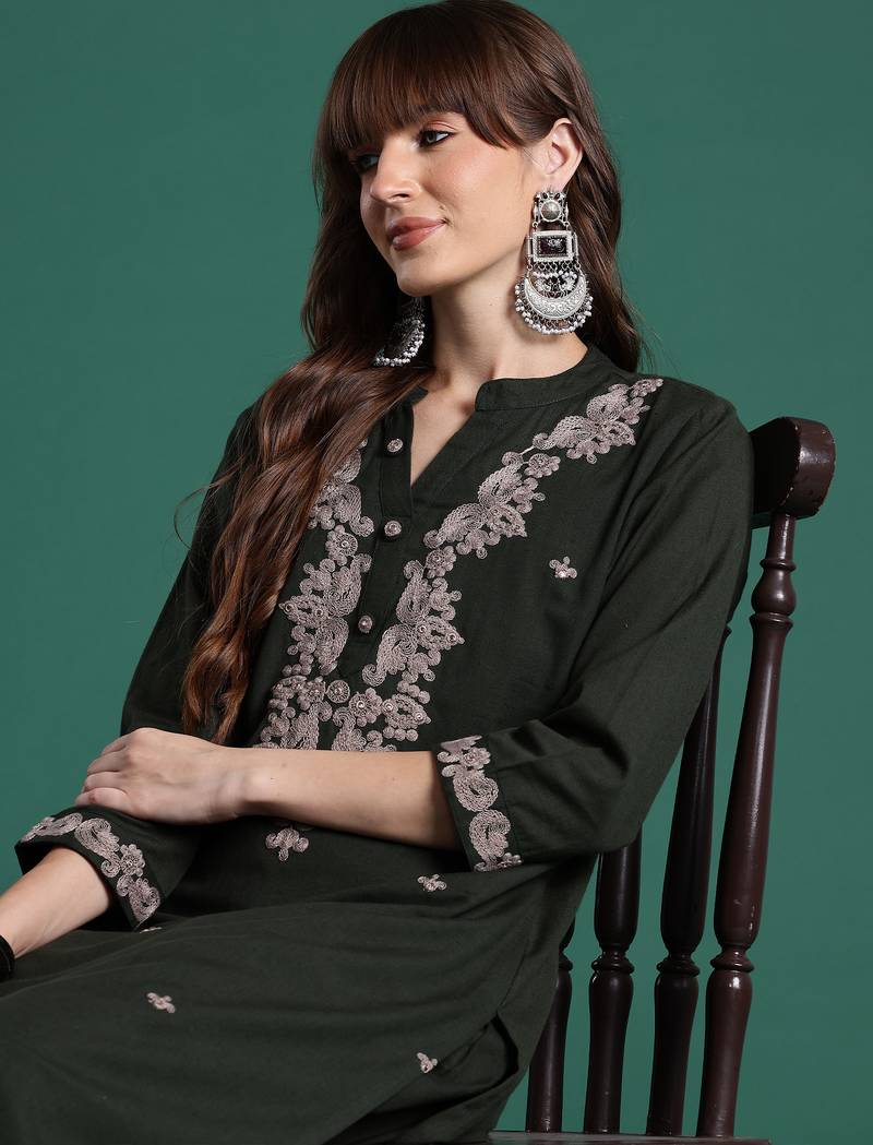 Green embroidered pure cotton kurta trouser set