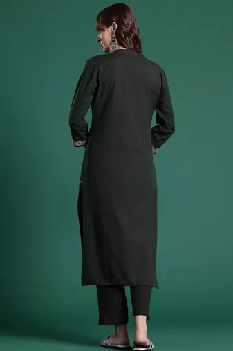 Green embroidered pure cotton kurta trouser set