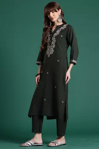 Green embroidered pure cotton kurta trouser set
