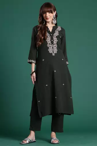 Green embroidered pure cotton kurta trouser set