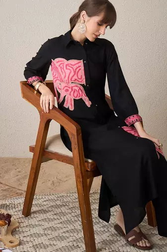 Black embroidered viscose rayon kurta trouser set