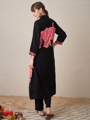 Black embroidered viscose rayon kurta trouser set 2