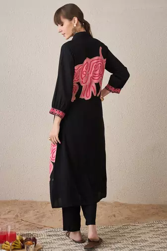 Black embroidered viscose rayon kurta trouser set
