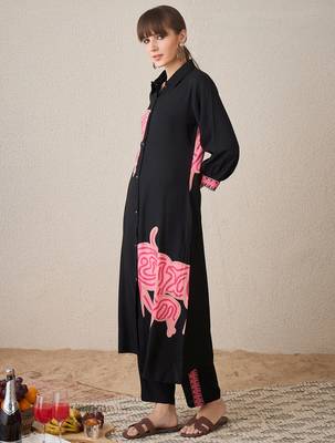Black embroidered viscose rayon kurta trouser set 3