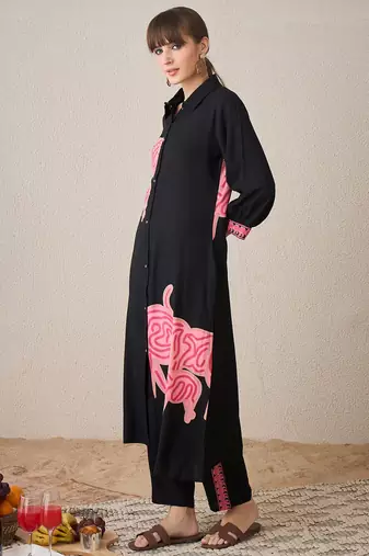Black embroidered viscose rayon kurta trouser set