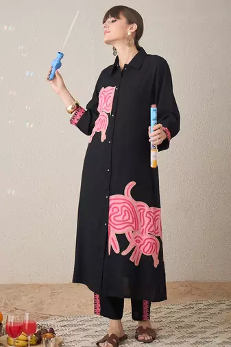 Black embroidered viscose rayon kurta trouser set