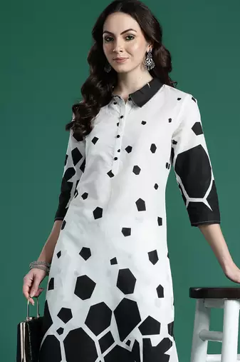 Off white printed pure cotton kurta trouser set