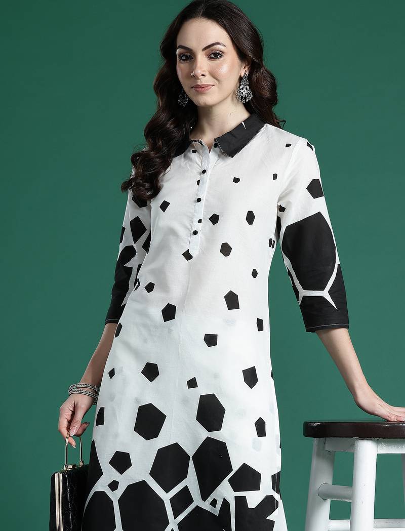 Off white printed pure cotton kurta trouser set