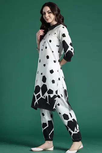 Off white printed pure cotton kurta trouser set