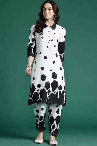 Off white printed pure cotton kurta trouser set