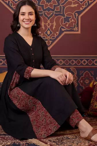Black printed pure cotton kurta trouser set
