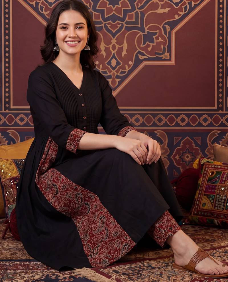 Black printed pure cotton kurta trouser set