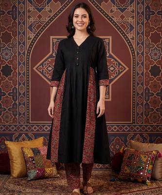 Black printed pure cotton kurta trouser set 2