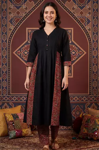 Black printed pure cotton kurta trouser set