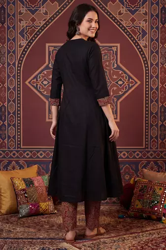Black printed pure cotton kurta trouser set