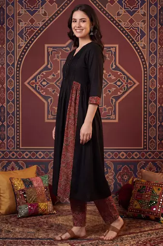 Black printed pure cotton kurta trouser set