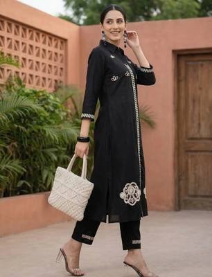 Black embroidered pure cotton kurta trouser set 2