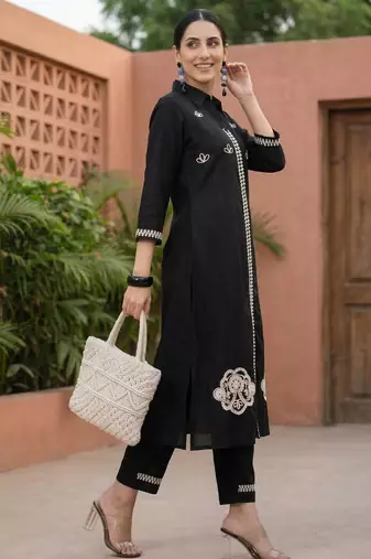 Black embroidered pure cotton kurta trouser set
