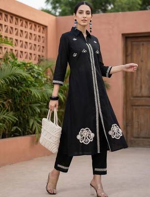 Black embroidered pure cotton kurta trouser set 3
