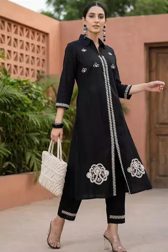 Black embroidered pure cotton kurta trouser set