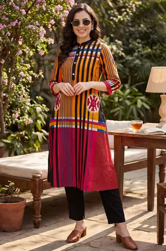 Multicolor printed pure cotton kurta trouser set