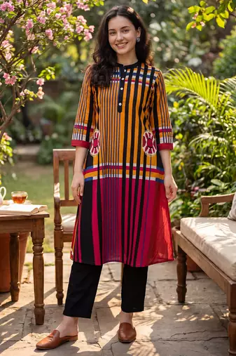 Multicolor printed pure cotton kurta trouser set