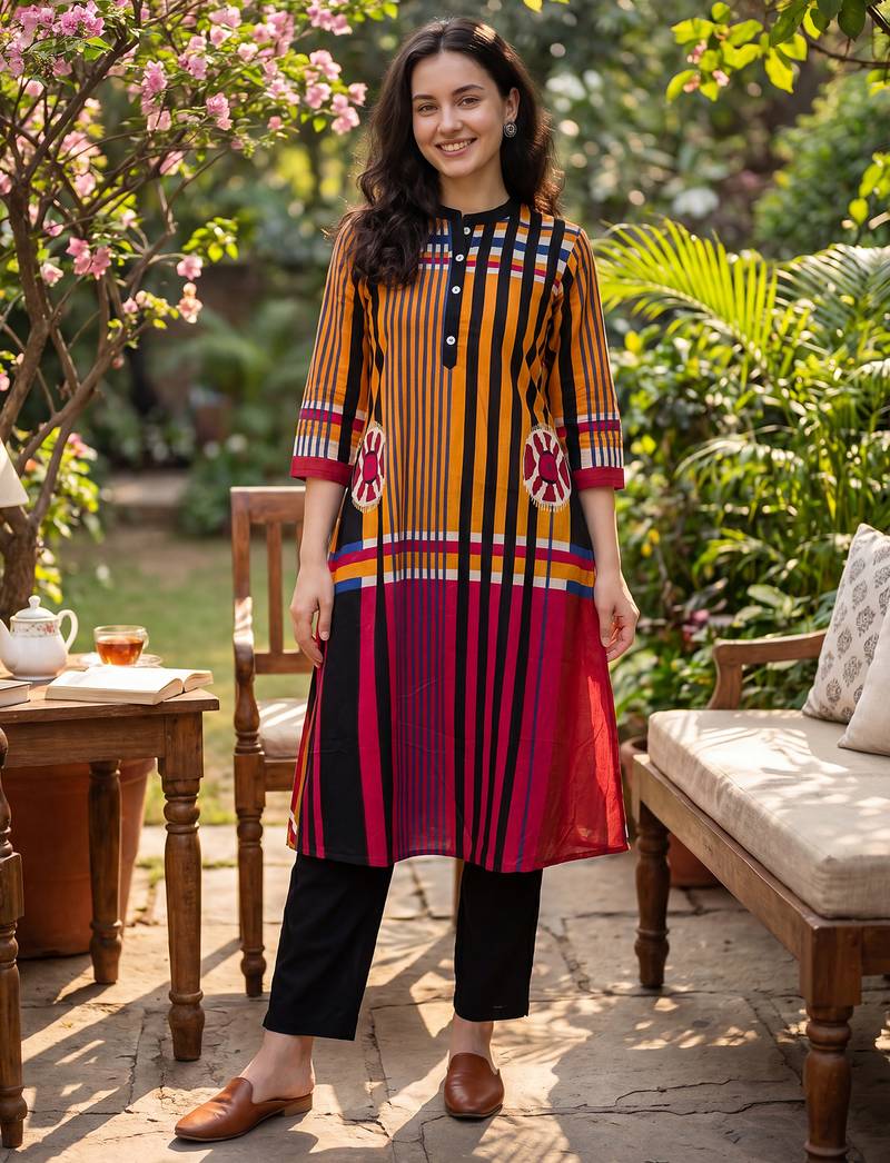 Multicolor printed pure cotton kurta trouser set
