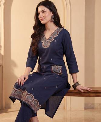 Navy blue printed pure cotton kurta trouser set 1