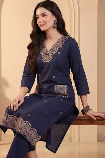 Navy blue printed pure cotton kurta trouser set