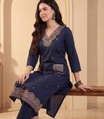 Navy blue printed pure cotton kurta trouser set