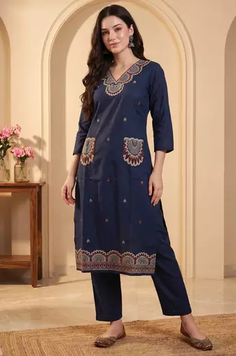 Navy blue printed pure cotton kurta trouser set