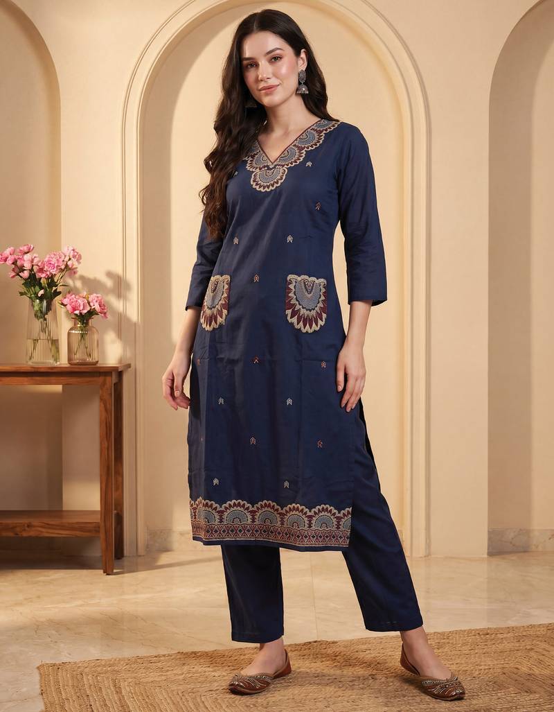 Navy blue printed pure cotton kurta trouser set