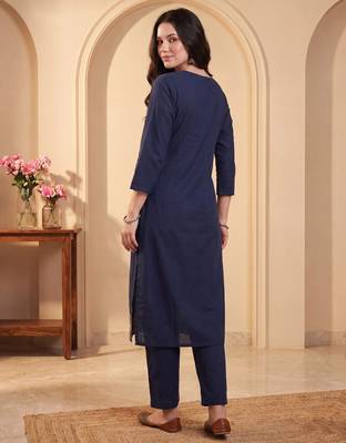 Navy blue printed pure cotton kurta trouser set 3