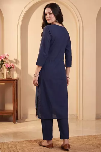 Navy blue printed pure cotton kurta trouser set