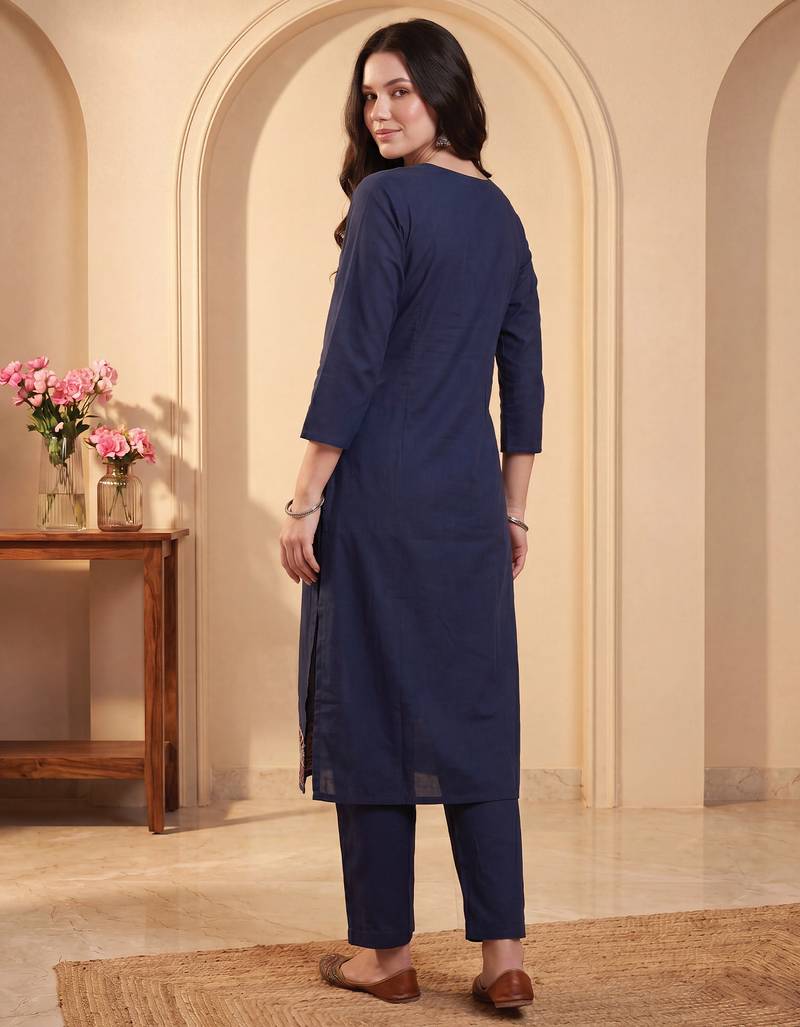 Navy blue printed pure cotton kurta trouser set