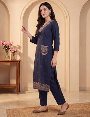 Navy blue printed pure cotton kurta trouser set 4