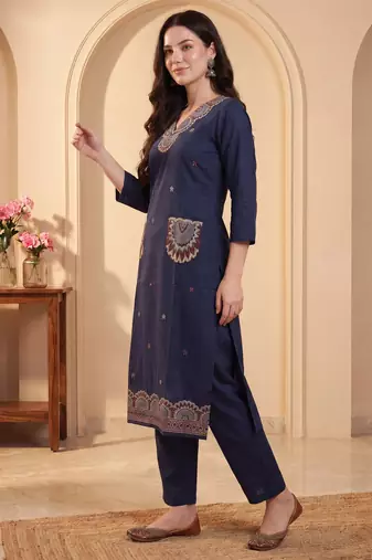 Navy blue printed pure cotton kurta trouser set